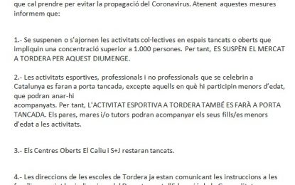 L’Ajuntament suspèn el mercat del diumenge i pren altres mesures preventives davant la propagació Covid-19