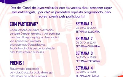 El Casal de Joves ens anima a complir 5 reptes setmanals per superar el confinament d’una forma temàtica