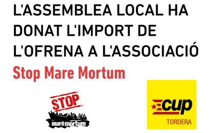 CUP Tordera destina els diners de l’ofrena floral de l’11 de setembre a la Plataforma Stop Mares Mortum